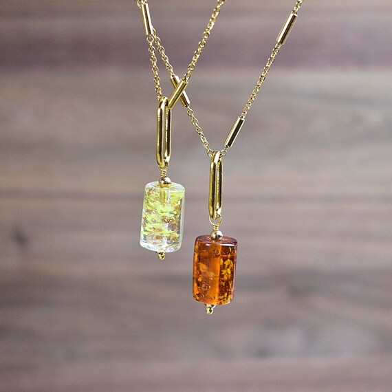 Gold Glass Drop Necklace, Gold Glass Tube Bead Necklace, Statement Layering Charm Necklace (EPJ-N20A10)