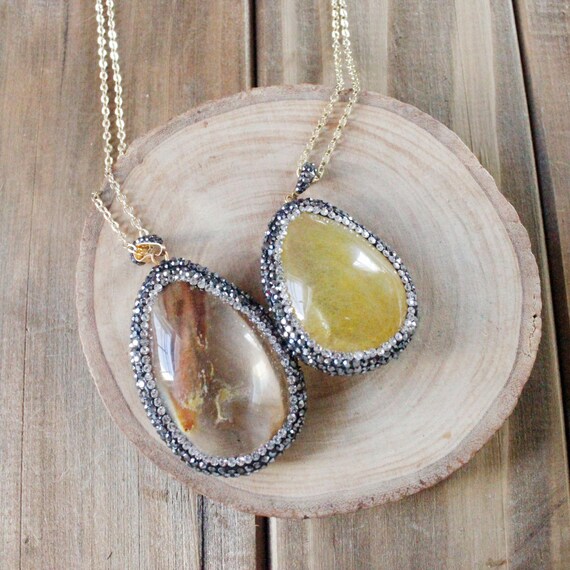 Pave Crystal Gold Rutilated Quartz Necklace (NPS16-Y)