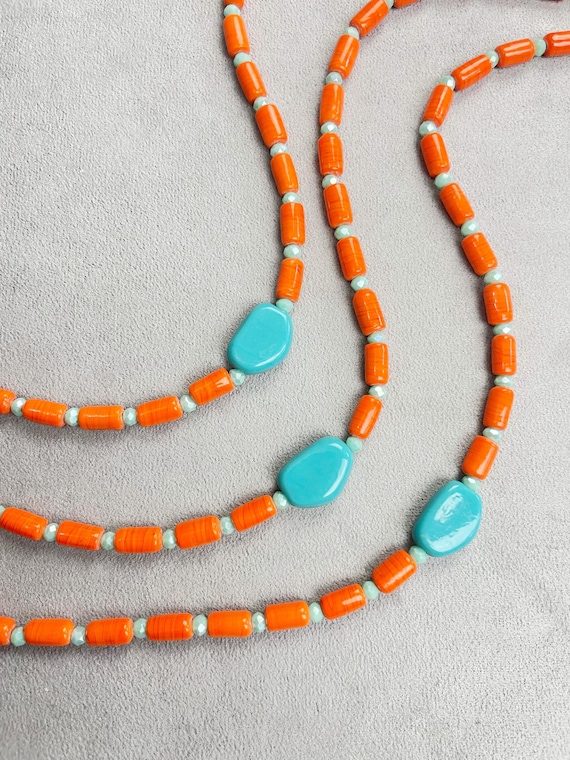 Orange Tide// Orange Blue Vintage Glass Beaded Necklace (EPJ-NSE15)