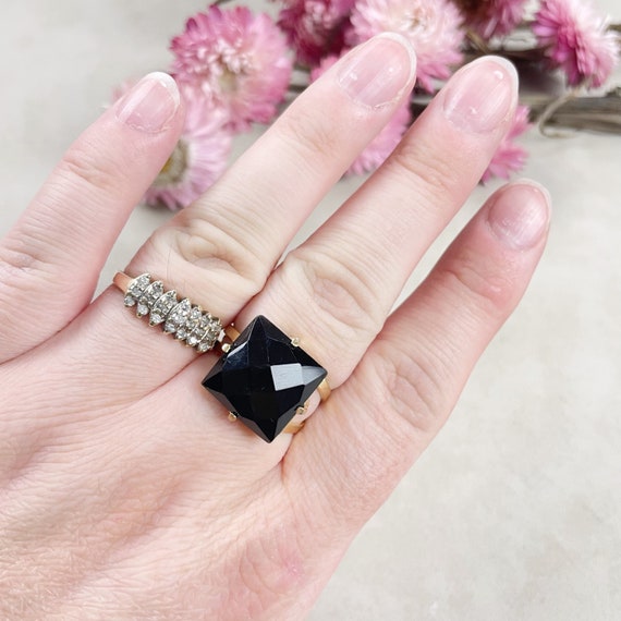 Gold Faceted Black Onyx Square Gemstone Adjustable Ring (EPJ-RTD19-7)