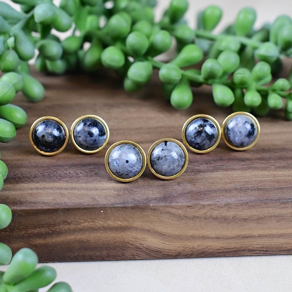 Larvikite 12mm Stud Earrings, Gemstone Cabochon Earrings (EPJ-ES19CSA22)