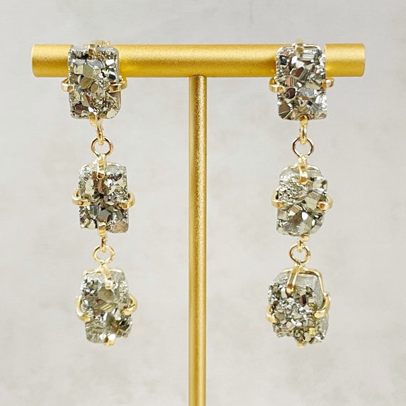 Gold Triple Drop Pyrite Stud Earrings (EPJ-EA13-3)