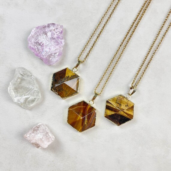 Tiger Eye Hexagon Pyramid Pendant Necklace (EPJ-OAA16)