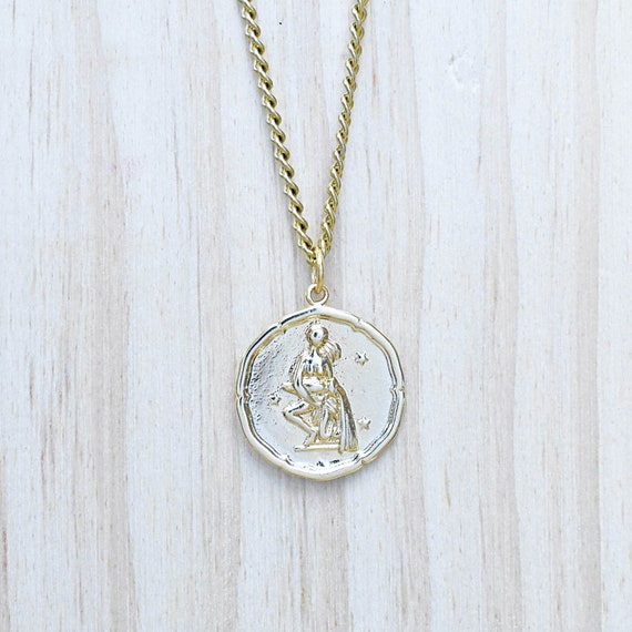 Aquarius Zodiac Coin Charm Necklace Gold Zodiac Charm Pendant Statement Layering Necklace EPJ NA20AAA10 Etsy