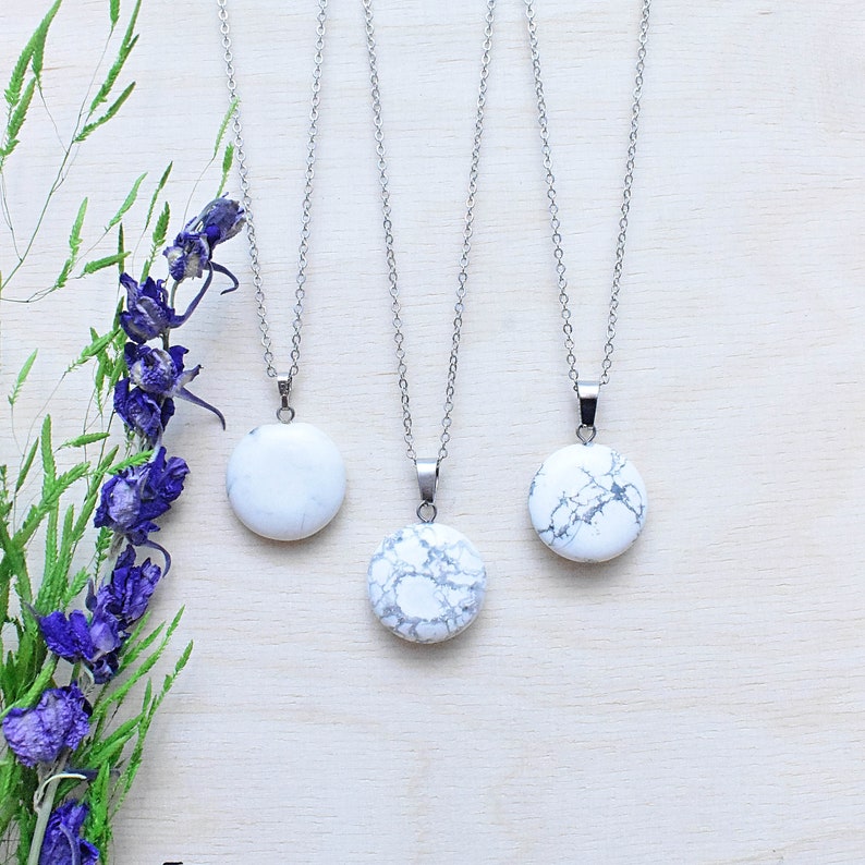 Round 20mm White Howlite Necklace, Silver Gemstone Necklace, Layering Statement Necklace EPJ-NW20ADA15 image 7