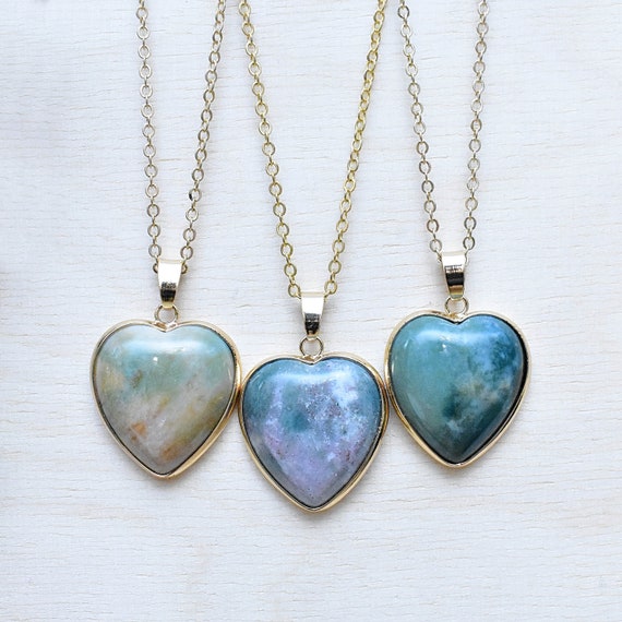 Large India Agate Heart Necklace, Gold Gemstone Necklace, Layering Statement Necklace (EPJ-NW20BAA10)