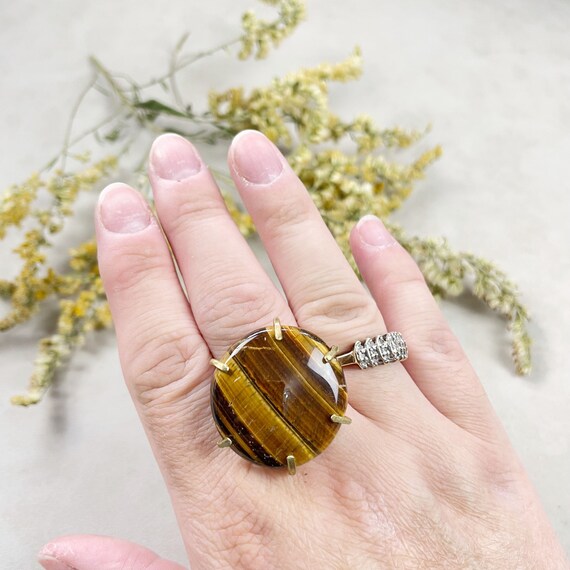 Raw Brass Tiger Eye Gemstone Crystal Ring (EPJ-RB10-11)