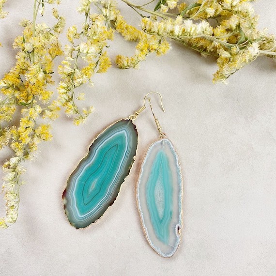 Gold Green Agate Slice Dangle Earrings (EPJ-EL20AAA10-7)