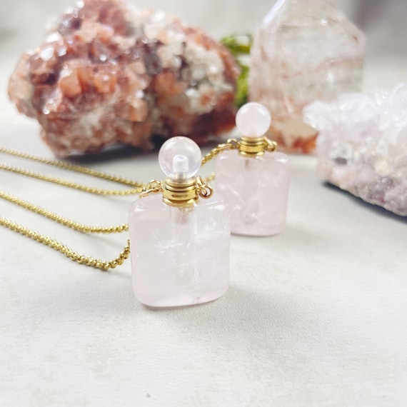 Gold Square Rose Quartz Bottle Necklace (EPJ-NAAH12)