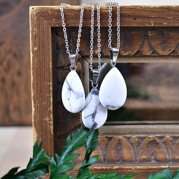 White Howlite 16x24mm Teardrop Necklace, Silver Gemstone Necklace, Layering Statement Necklace (EPJ-NW20AAA17)