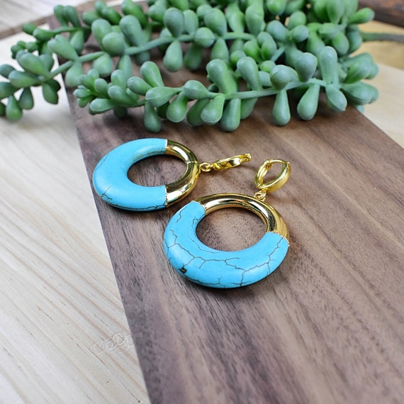 Blue Howlite Circle Huggie Earrings, Gold Huggies, Gemstone Statement Earrings (EPJ-EP19SGA10)