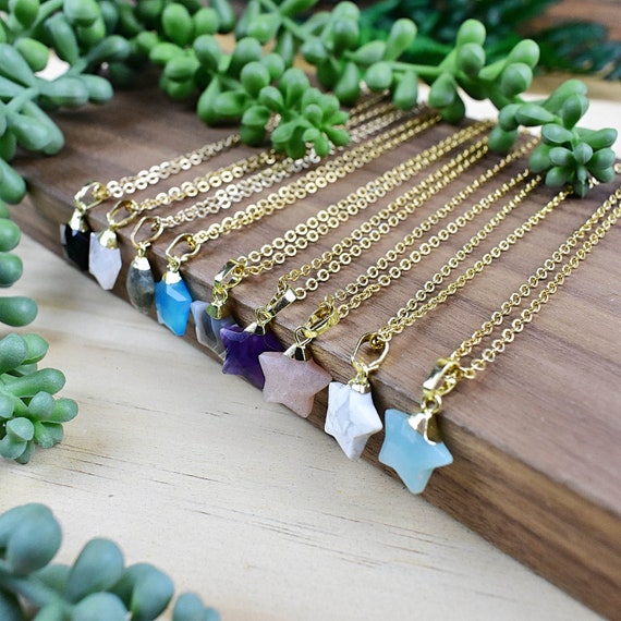 Small Gold Gemstone Star Charm Necklace, Gold Charm Layering Necklace, Delicate Charm Crystal Pendant (EPJ-NTA20AAA10)