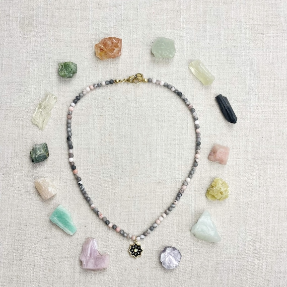 Pink Zebra Jasper Enamel Opal Charm Beaded Necklace (EPJ-NSBA44)
