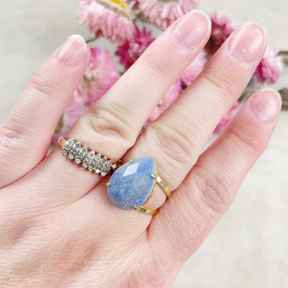 Gold Faceted Blue Aventurine Teardrop Gemstone Adjustable Ring (EPJ-RTD22-7)