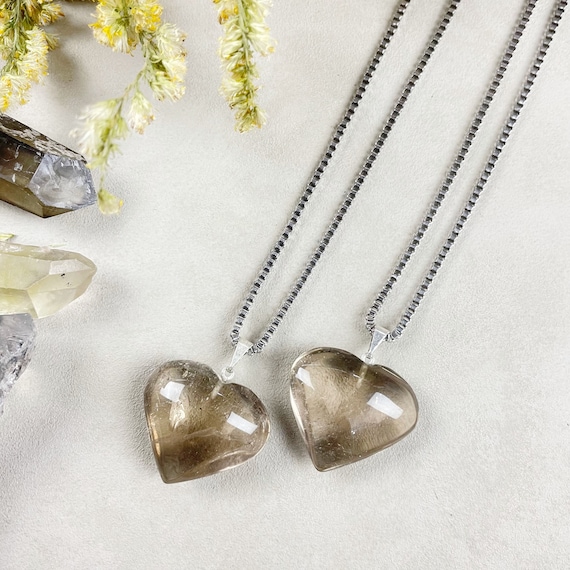 Silver Smoky Quartz Puffy Heart Necklace (EPJ-NA26-SQ)