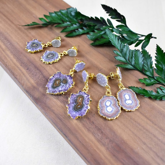 Double Druzy Stalactite Gemstone Drop Earrings, Gold Gemstone Chandelier Earrings, Amethyst Jasper Stalactite Stone (EPJ-E21A15)