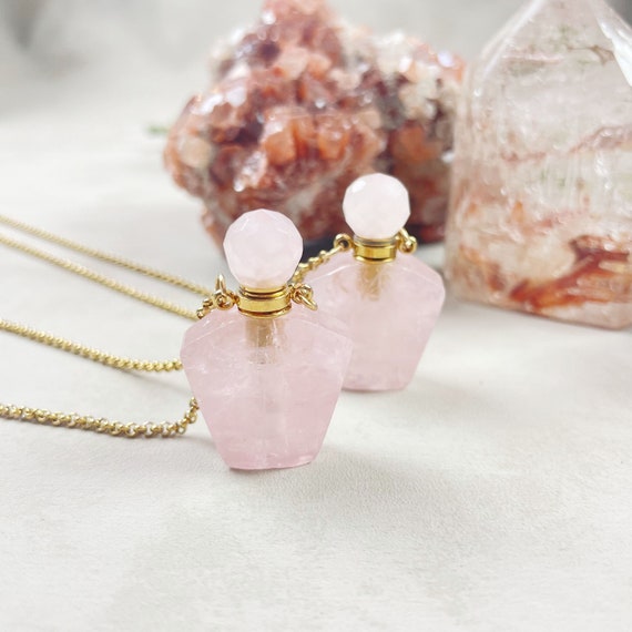 Gold Pentagon Rose Quartz Bottle Necklace (EPJ-NAAH26)