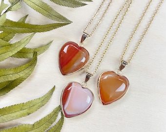 Large Carnelian Heart Necklace, Gold Gemstone Necklace, Layering Statement Necklace (EPJ-N24A65)