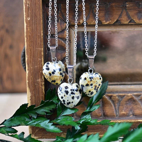 Small 16mm Dalmatian Jasper Heart Necklace, Silver Gemstone Necklace, Layering Statement Necklace (EPJ-NW20ABD28)