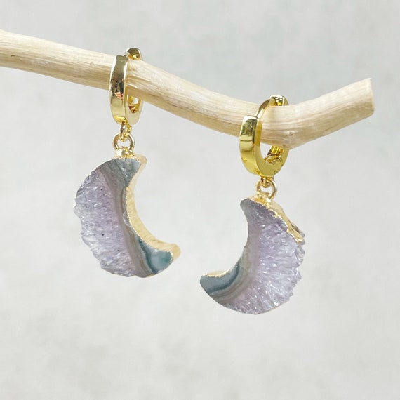 Gold Amethyst Slice Crescent Moon Huggie Earrings (EPJ-EA17)