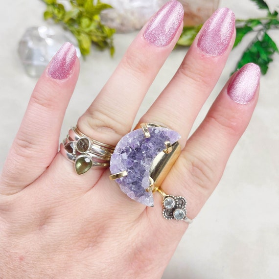 Gold Amethyst Druzy Crescent Moon Statement Cuff Ring (EPJ-RCB16-4)