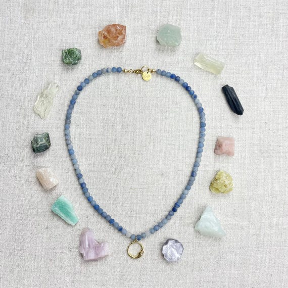 Blue Aventurine Moon Charm Beaded Necklace (EPJ-NSBA46)