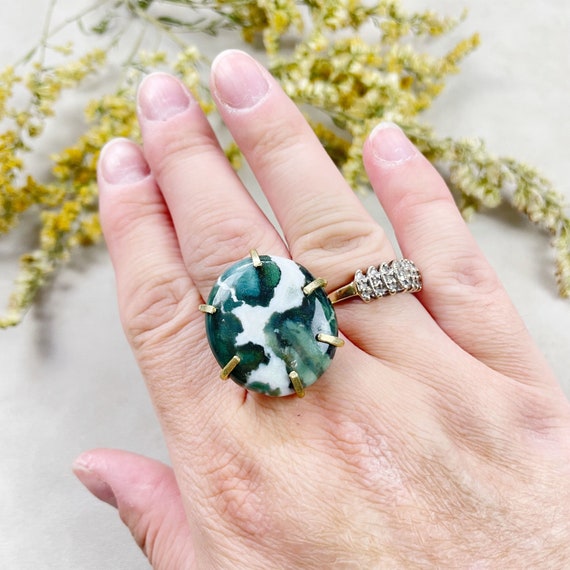 Raw Brass Moss Agate Gemstone Crystal Ring (EPJ-RB10-10)