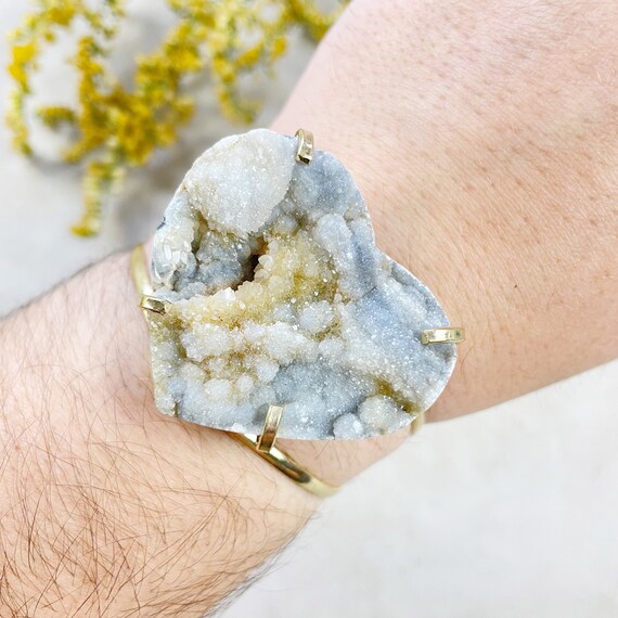 Gold Chalcedony Druzy Heart Arc Cuff Bracelet (EPJ-BCCA13-1)