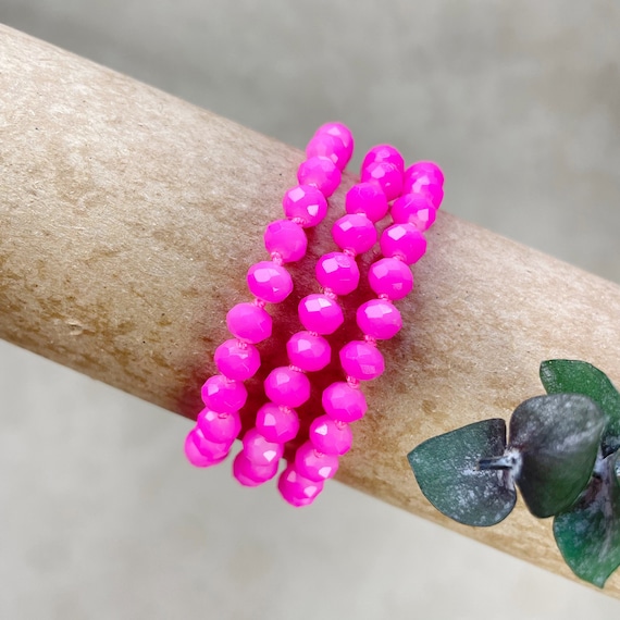 Barb// Hot Pink Neon Crystal Beaded Handknotted Bracelet (EPJ-BSBA10-HP)