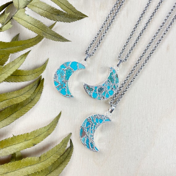 Silver Copper Turquoise Crescent Moon Necklace (EPJ-N24A42-S)