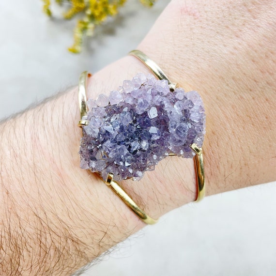 Gold Amethyst Flower Druzy Arc Cuff Bracelet (EPJ-BCCA14-10)