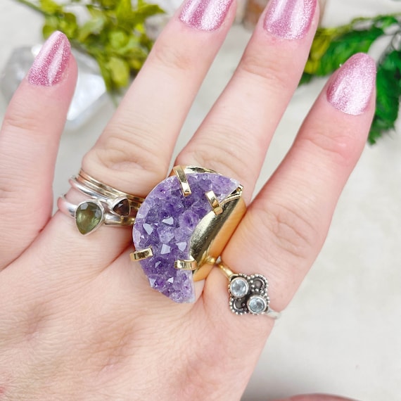 Gold Amethyst Druzy Crescent Moon Statement Cuff Ring (EPJ-RCB16-1)