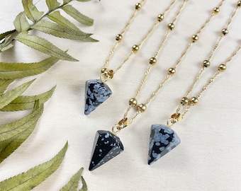 Gold Snowflake Obsidian Pendulum Necklace (EPJ-N24A76)