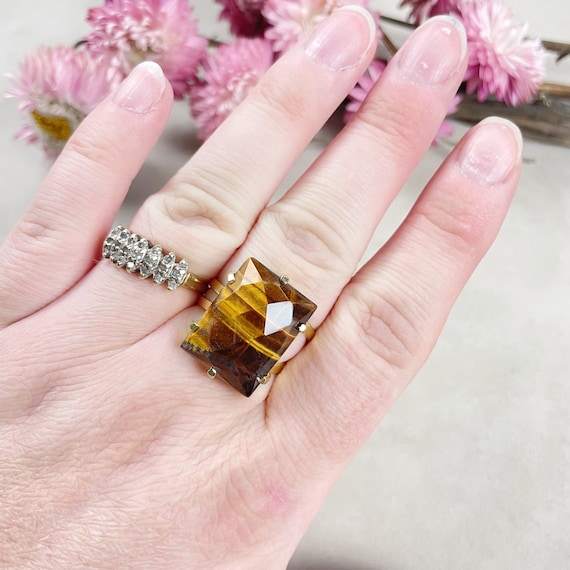 Gold Faceted Tiger Eye Rectangle Gemstone Adjustable Ring (EPJ-RTD12-5)