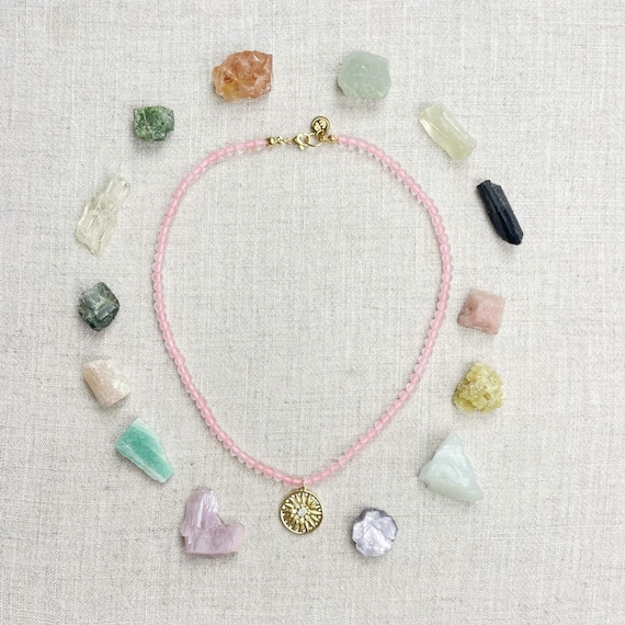Watermelon Quartz Sun Charm Beaded Necklace (EPJ-NSBA38)