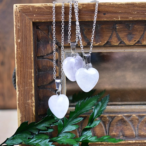 Small 16mm Opaque Quartz Heart Necklace, Silver Gemstone Necklace, Layering Statement Necklace (EPJ-NW20ABD24)