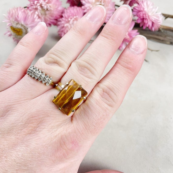 Gold Faceted Tiger Eye Rectangle Gemstone Adjustable Ring (EPJ-RTD12-6)