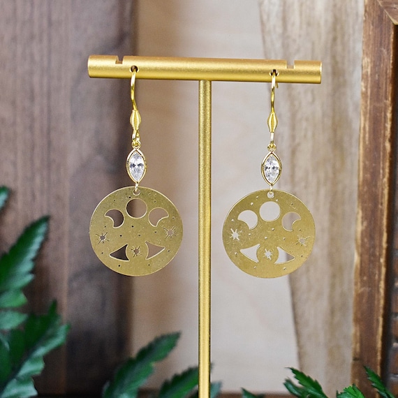 Fortuneteller Orb Celestial Dangle Earrings, Gold Brass Moon Chandelier Earrings, Brass Fortuna Drop Earrings (EPJ-E21B18)