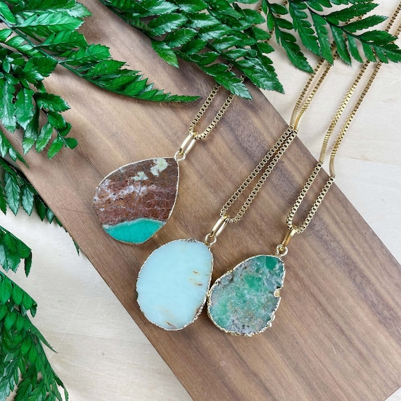 Gold Chrysoprase Slice Necklace, Gold Layering Pendant Necklace (EPJ-NBD10)