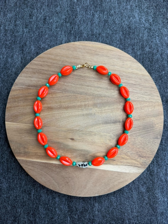 Bright Crush// Dalmatian Jasper Orange Teal Vintage Glass Beaded Necklace (EPJ-NSE29)
