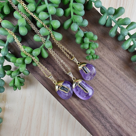 Amethyst Tourmaline Nugget Necklace, Gold Gemstone Necklace, Layering Statement Necklace (EPJ-NQ19ADA11)