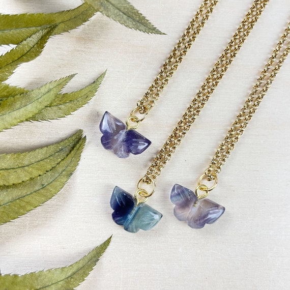 Gold Rainbow Fluorite Faceted Butterfly Charm Necklace (EPJ-N24A28-RF)
