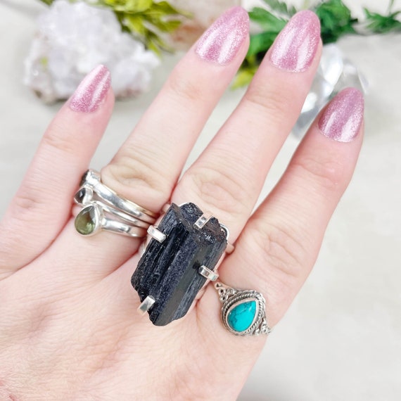 Silver Black Tourmaline Statement Arc Ring (EPJ-RSB20-3)