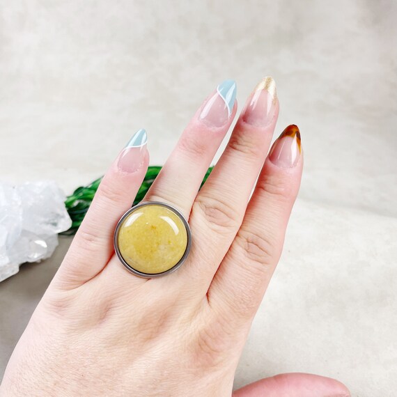 Silver Yellow Aventurine Cabochon Stainless Steel Adjustable Ring (EPJ-RAB18-YA-S)