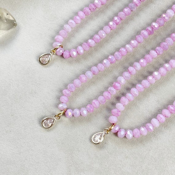 Mica// Pink Iridescent Crystal Beaded Delicate Necklace (EPJ-NSBB21-PK)