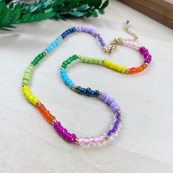 Roxo/// Rainbow Czech Glass Beaded Necklace, Gold Colorful Choker Necklace, Layering Statement Necklace (DEJ-21BAA14)