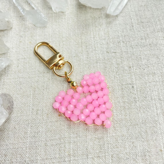 Heart// Pink Glass Beaded Heart Charm Keychain (EPJ-KCA16-PK)