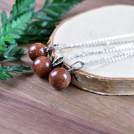 Red Goldstone 14mm Orb Necklace, Silver Gemstone Necklace, Layering Statement Necklace (EPJ-NW20AAB31)