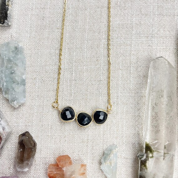 Black Agate Triple Bead Delicate Necklace (EPJ-NAAE56-BA)