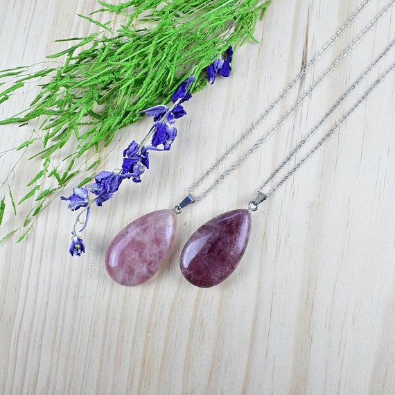 Large Strawberry Quartz Drop Necklace, Silver Gemstone Statement Layering Necklace, Pendant Delicate Necklace (EPJ-NG20AAA10)